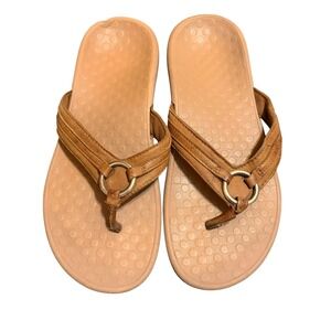 Vionic Amber Tan Leather Orthotic Thong Sandals Gold Ring Detail Womens 8